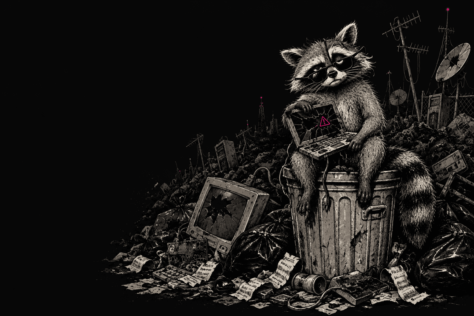 A unimpressed raccoon inspecting a broken laptop in the digital landfill
